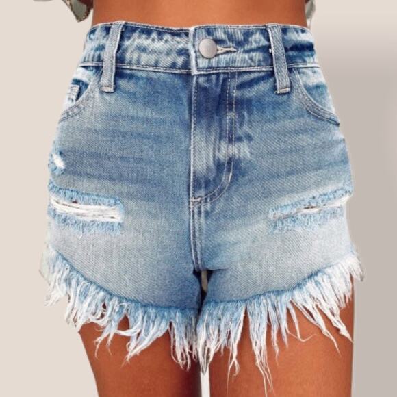 Boutique Boho Style High Rise Light/Medium Wash Frayed Ends Denim Jean Shorts - Picture 1 of 5